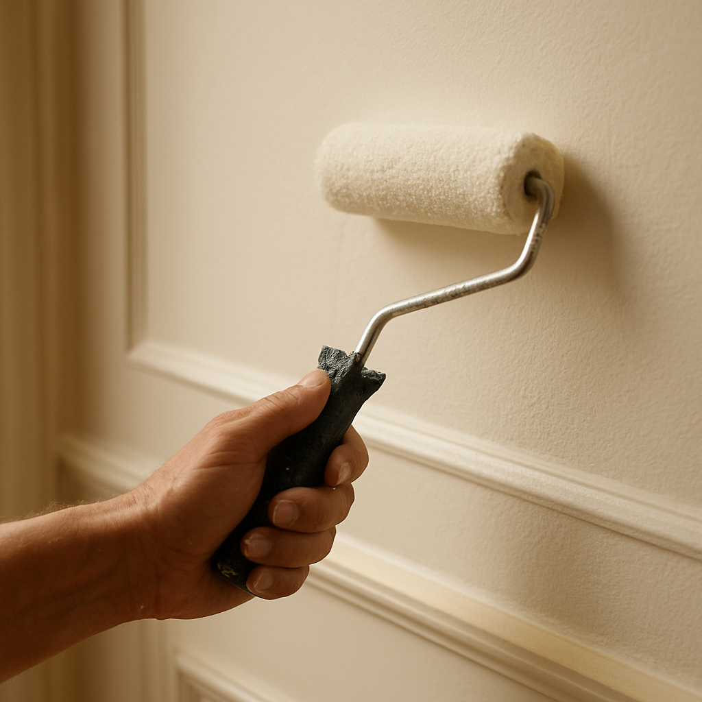 Gros plan sur la peinture d'un mur au rouleau, travail soigné